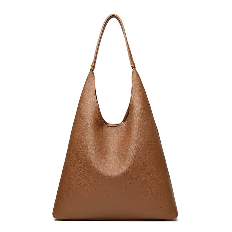Retro large capacity soft PU leather shoulder bag in caramel colour, horizontal square shape
