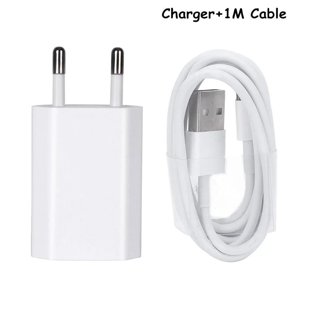 White USB travel charger and cable for iPhone and iPad models, showing 5V 2A output specification.