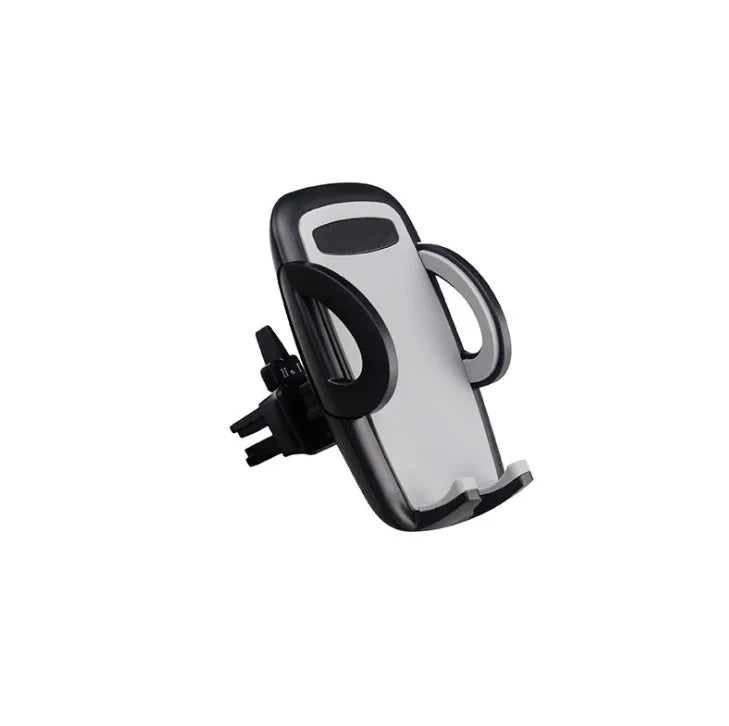 Black universal mobile phone holder attached to a car air conditioning vent.