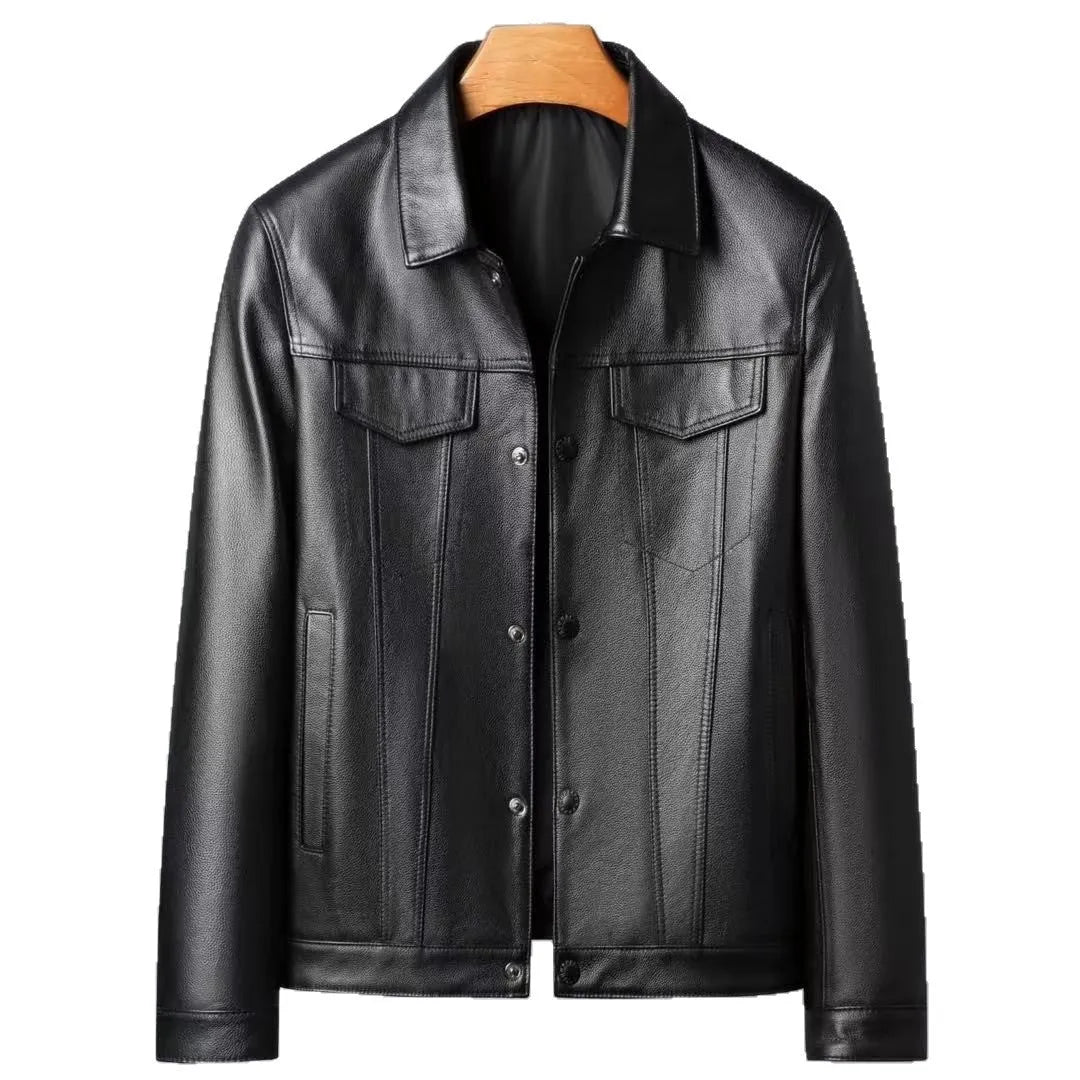 Men's black first-layer cowhide leather jacket with polo collar, front view, daily wear