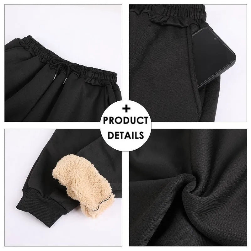 Black fleece lined straight tube trousers with drawstring elastic waist, zippered fly, and belt, sizes M to 5XL