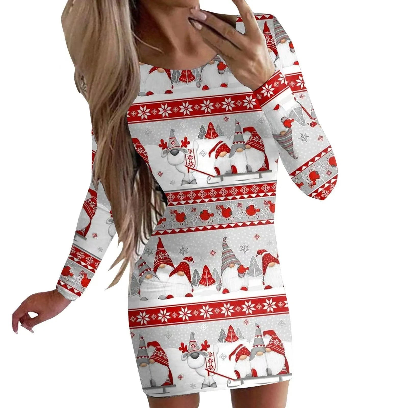 Women's red Christmas print narrow dress with animal pattern, round neck, long sleeves