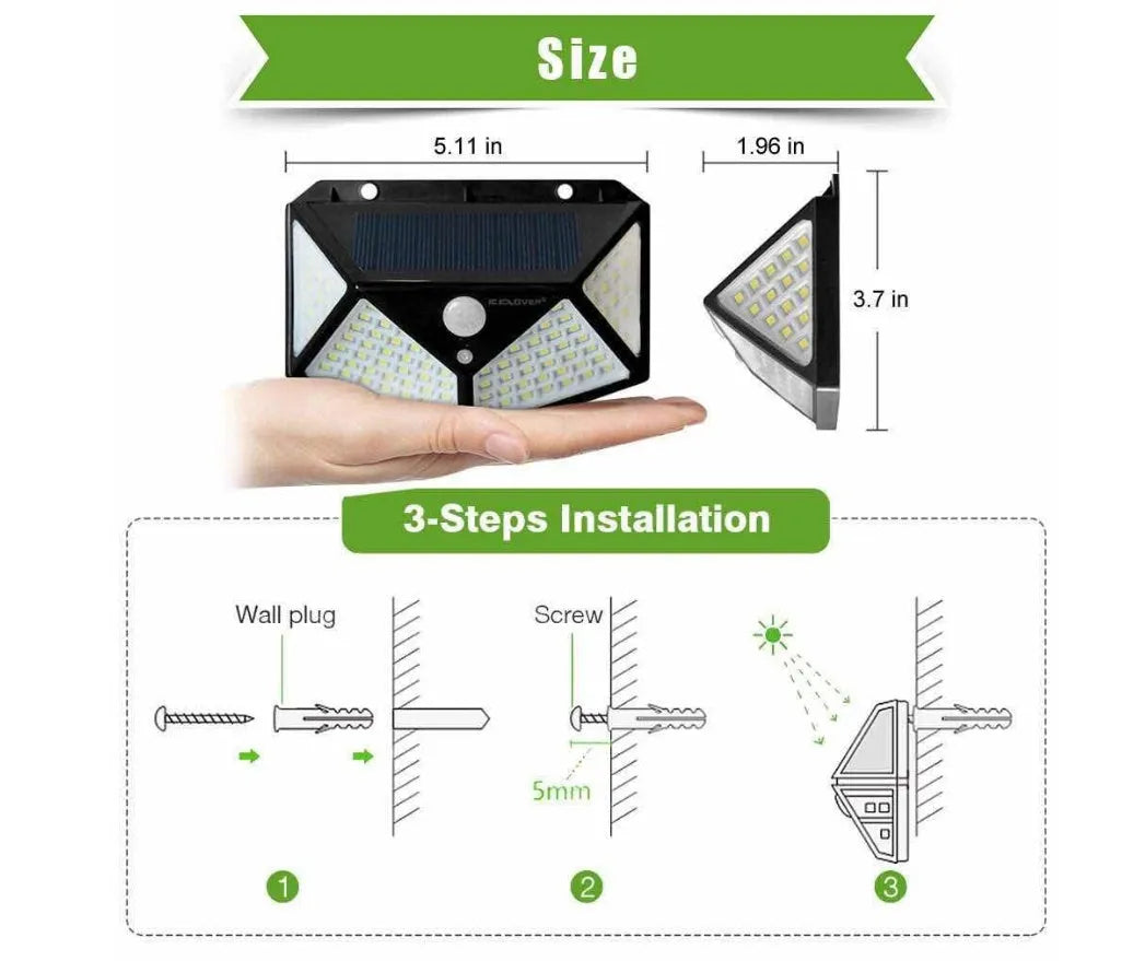 100LED solar PIR motion sensor wall lamp with 120 degree angle and 8-10m range for courtyard outdoor use