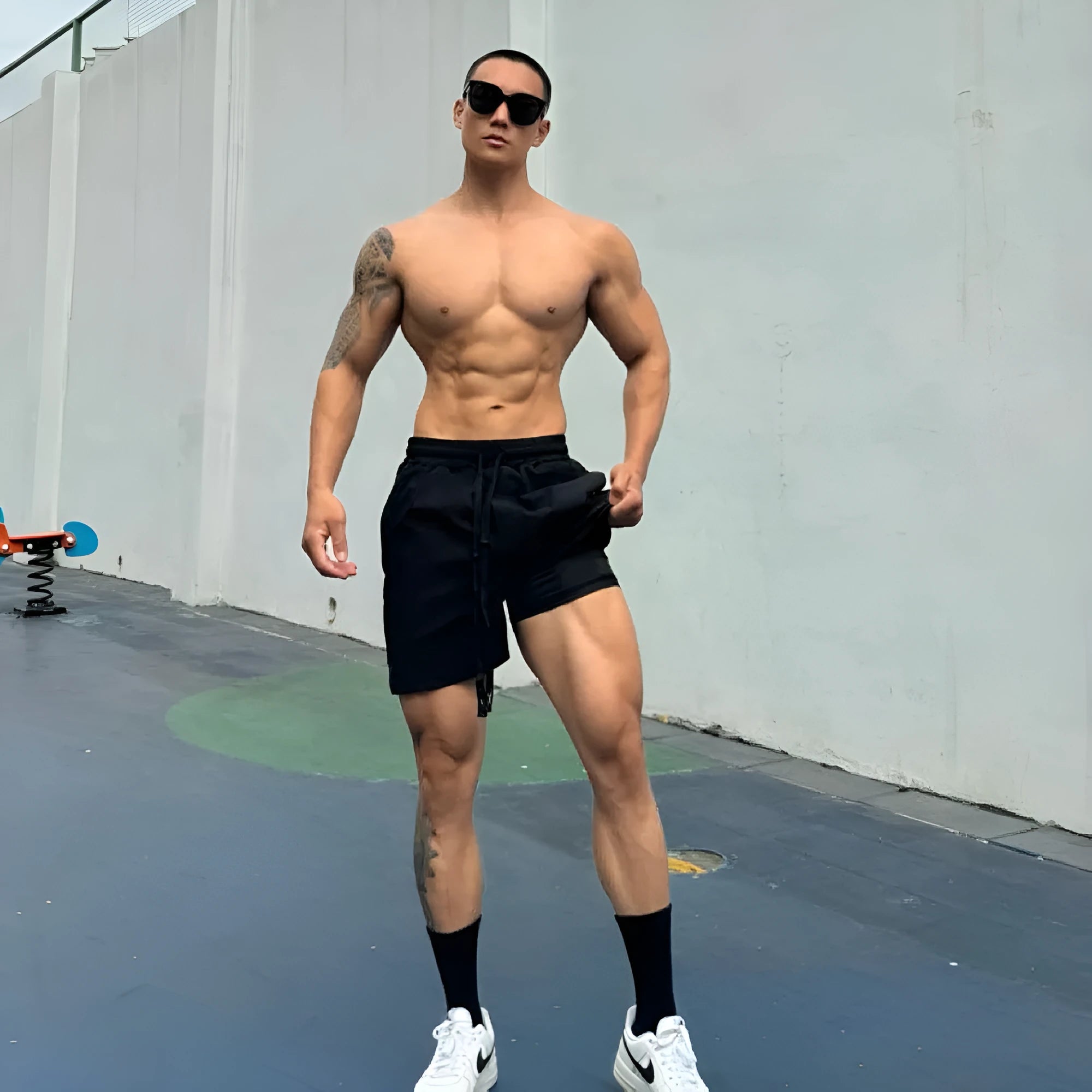 Men's black quick-drying nylon ice silk shorts with double-layer quarter-length design