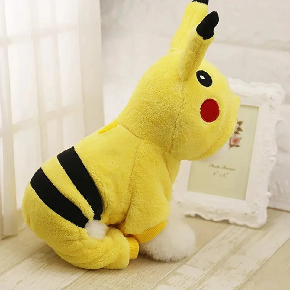 Fleece pet coat with hoodie for cat or dog in cartoon design, shown in size range XS to XXL.