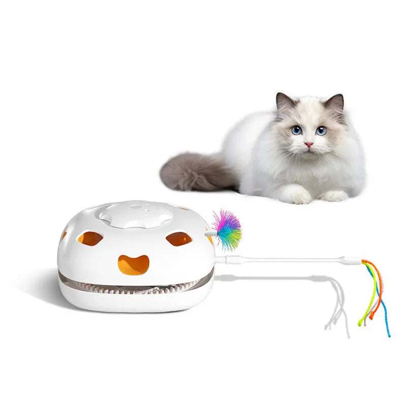Electronic self-moving cat teaser toy with plastic construction measuring 19.8cm