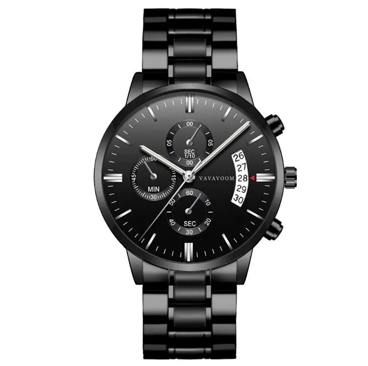 Men's stainless steel watch with 43mm round dial, quartz movement and butterfly buckle in multiple colour variations