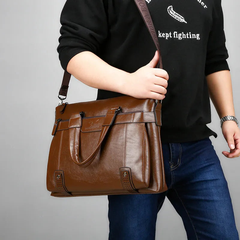 Men's horizontal square PU leather shoulder bag with 14-inch laptop compartment, in black, brown, and khaki