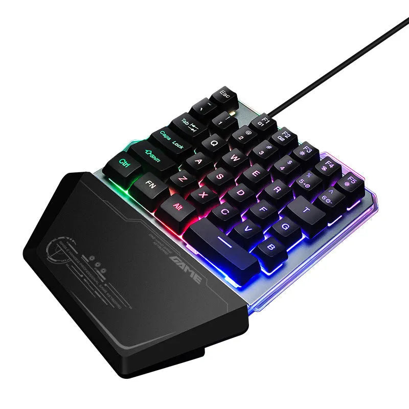 Black robotic one-handed mechanical keyboard with RGB backlit keys on a G40 flow colour plate.