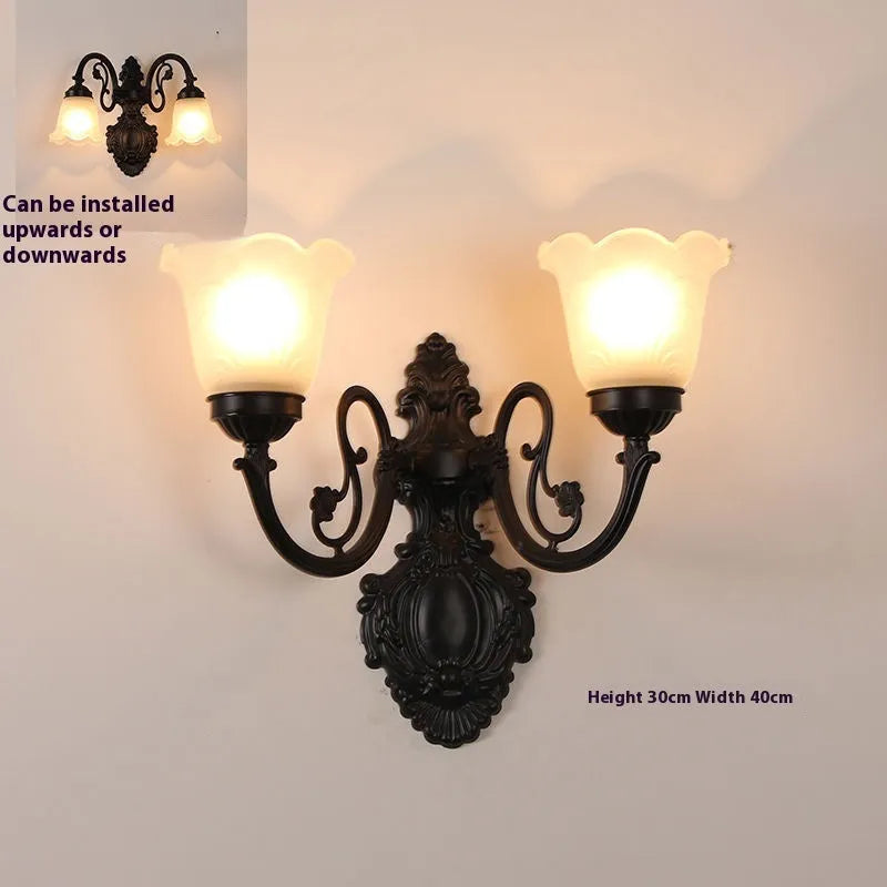 European-style American wall lamp with zinc alloy body and glass lampshade, black double head, mounted on wall in corridor