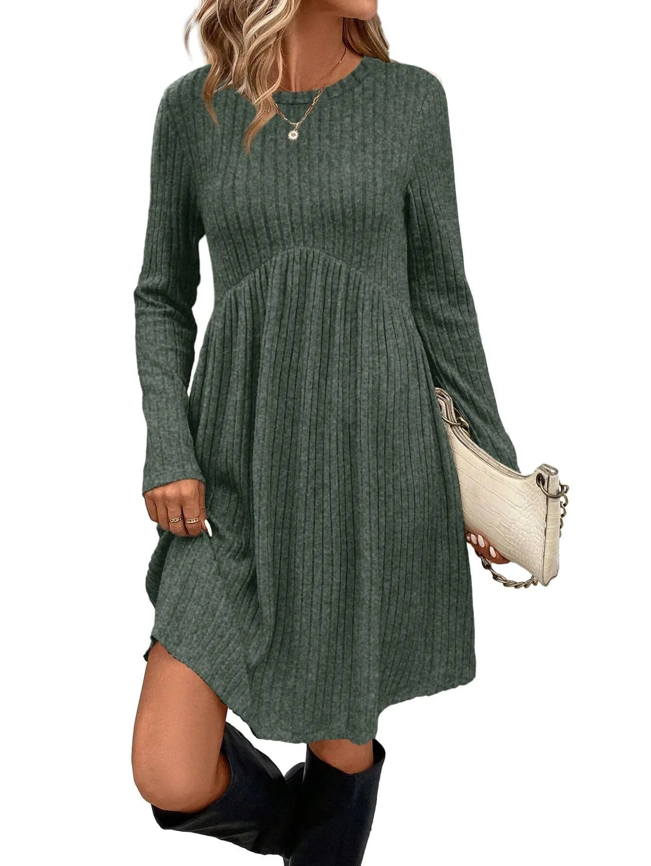 Women's bohemian brushed sunken stripe midi dress in apricot, wide waist, solid colour stitching detail, front view