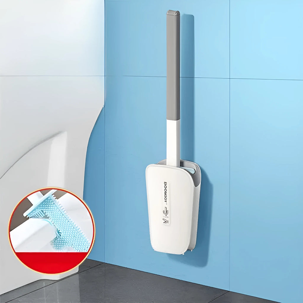 Toilet brush with TPR antibacterial head and wall-mounted bucket in blue, green, and white colours