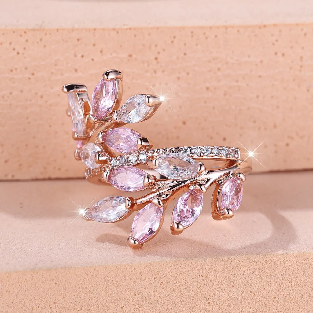 Adjustable copper leaf ring with horse eye design and zircon stones in multiple colour options