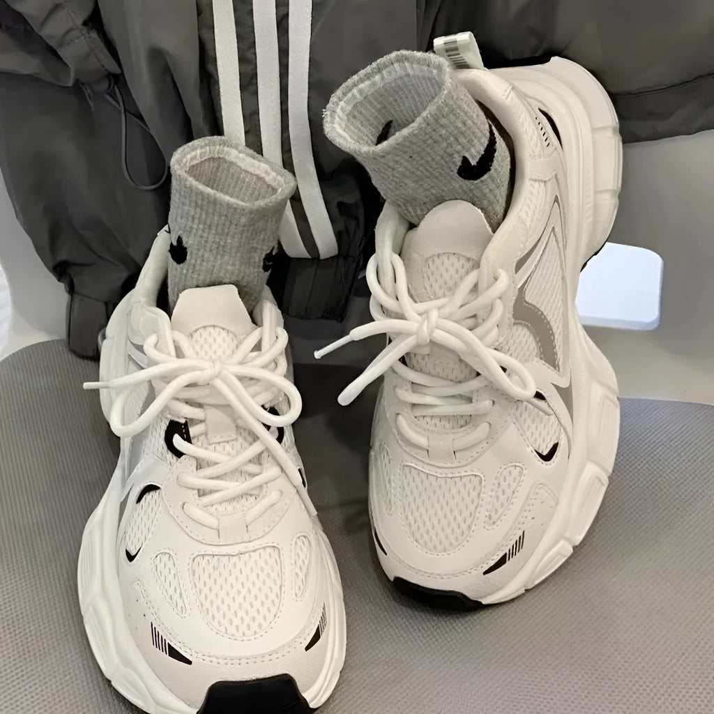 Beige Polar Wave women's mesh platform sports shoes with a wedge heel and lace-up front.