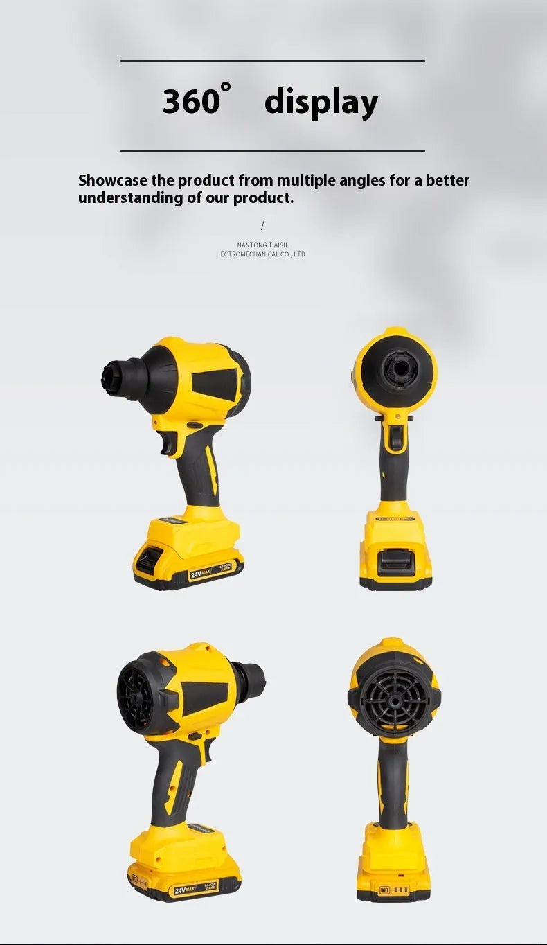Yellow cordless dust gun with 680W power rating and adjustable air volume control for workshop and office cleaning.