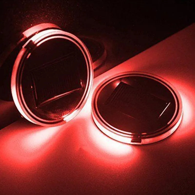 Solar powered LED cup mat with auto glow, BPA-free acrylic, diameter 7.2cm, in blue, green, pink, red options