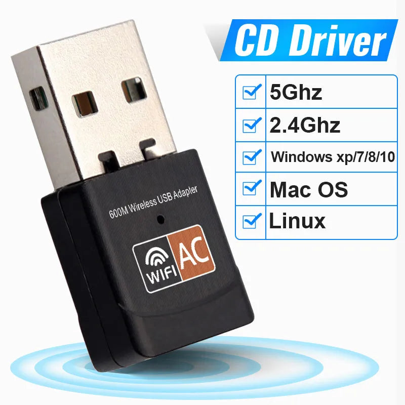 Mini dual band wireless network card USB adapter 27x14x8mm black AC600