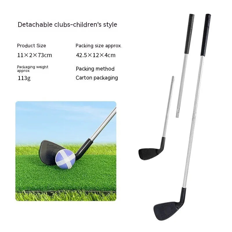 Metal golf club set showing adult and children's colour options for outdoor sports use