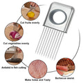 Stainless steel onion holder with ultra-sharp prongs and finger guard protector on a kitchen counter