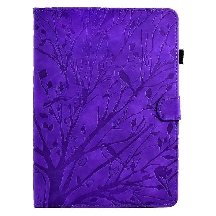 Imitation leather tablet case in black with a built-in kickstand bracket open.