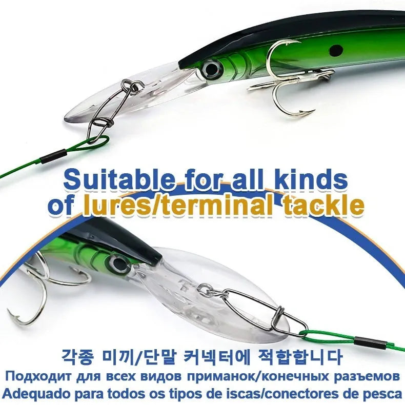 Ten green anti-bite steel wire fishing leaders with double buckle pins, each 54cm long, laid out straight.