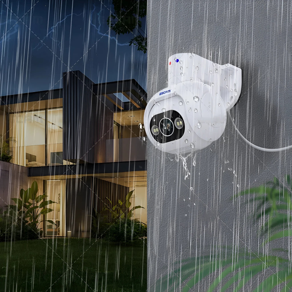 White plastic 4MP smart security camera with wall mount bracket and 12V power adapter