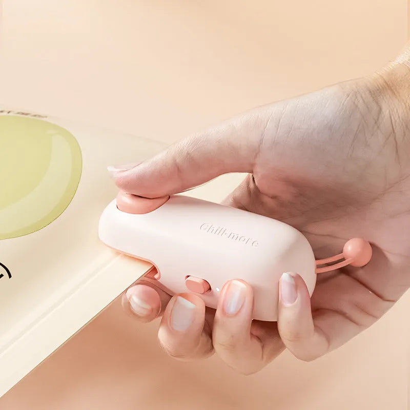 Portable rechargeable mini bag sealer in coffee bear design with USB Type-C charging, for sealing plastic snack bags
