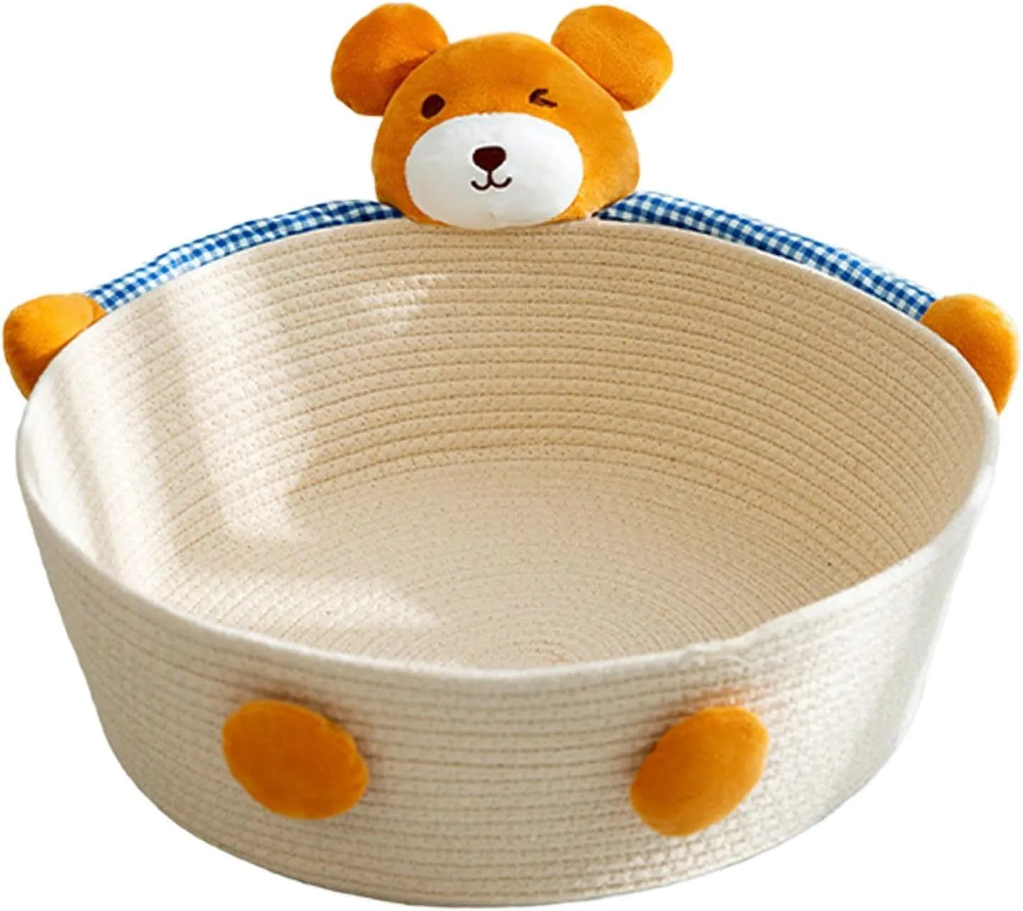 Woven cotton rope cat bed with scratching board surface, available in bear or rabbit styles.