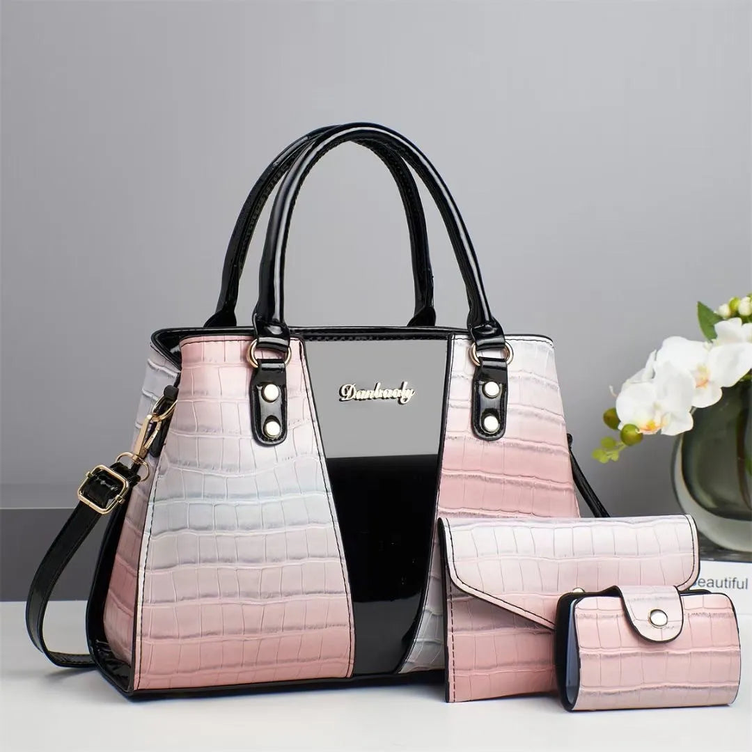 Women's crocodile stitch three-piece shoulder bag set in PU with small bag and card bag