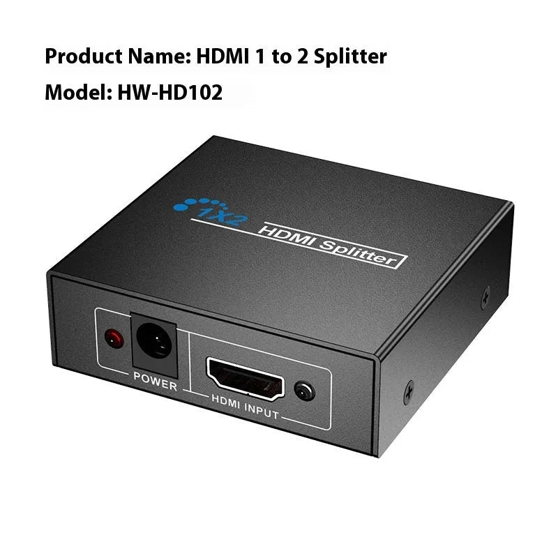 HDMI splitter device distributing 4K video to two displays with multiple power interface options
