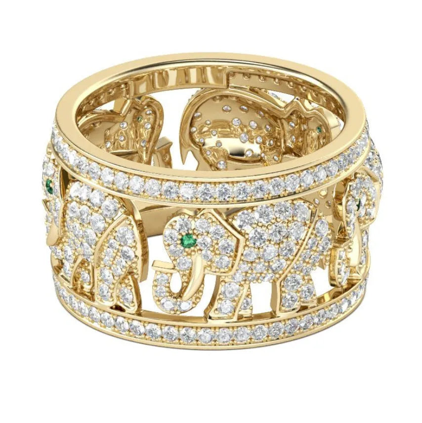 Gold or silver tone alloy elephant ring with a full diamond accent on the band.
