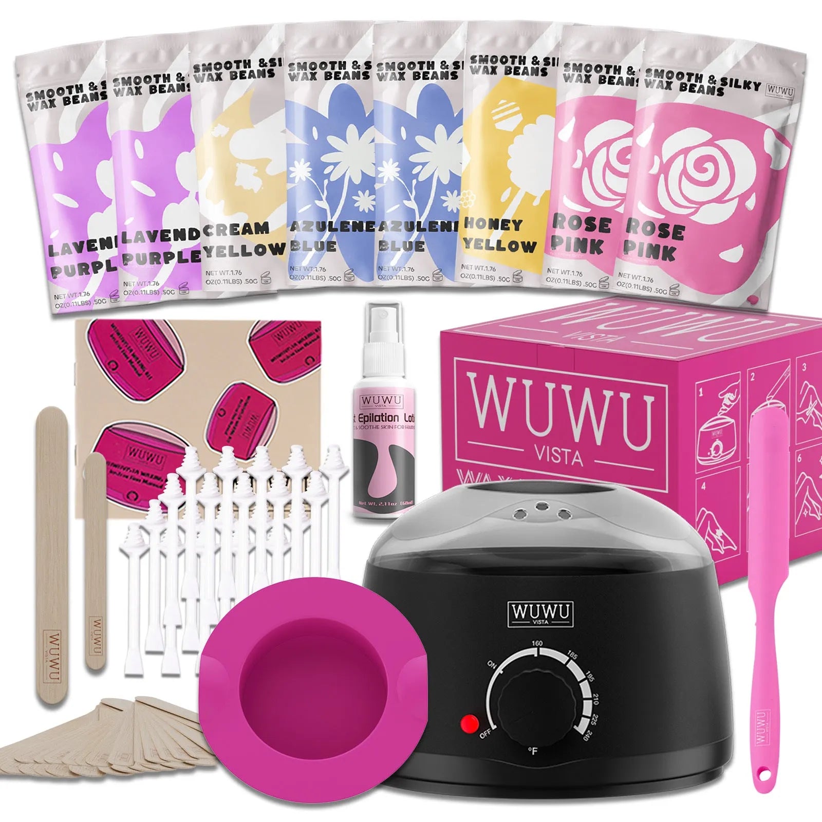 WUWUVISTA 63-piece waxing kit with black wax warmer, wax beads, application sticks, and aftercare products