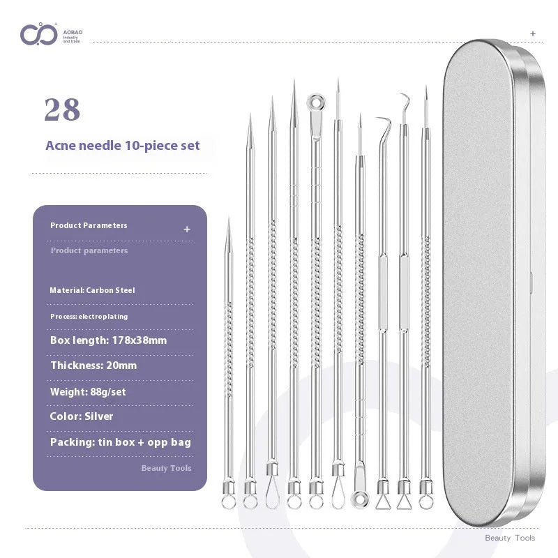 Four silver metal acne needles with ultra-fine pointed tips for skin treatment.