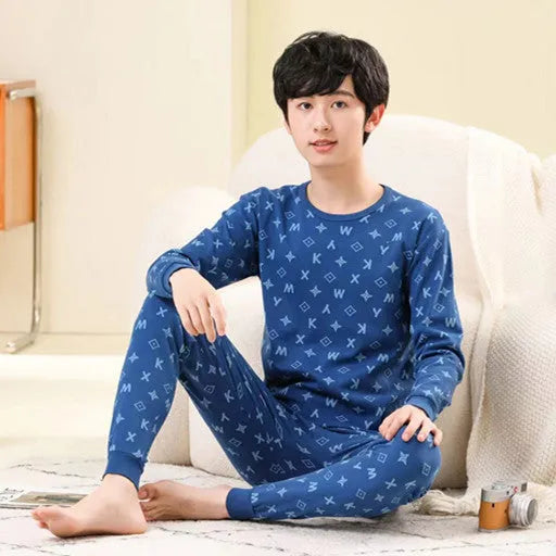 Children's cotton pyjama set in a patterned style, long-sleeve top and pants, available in multiple colours