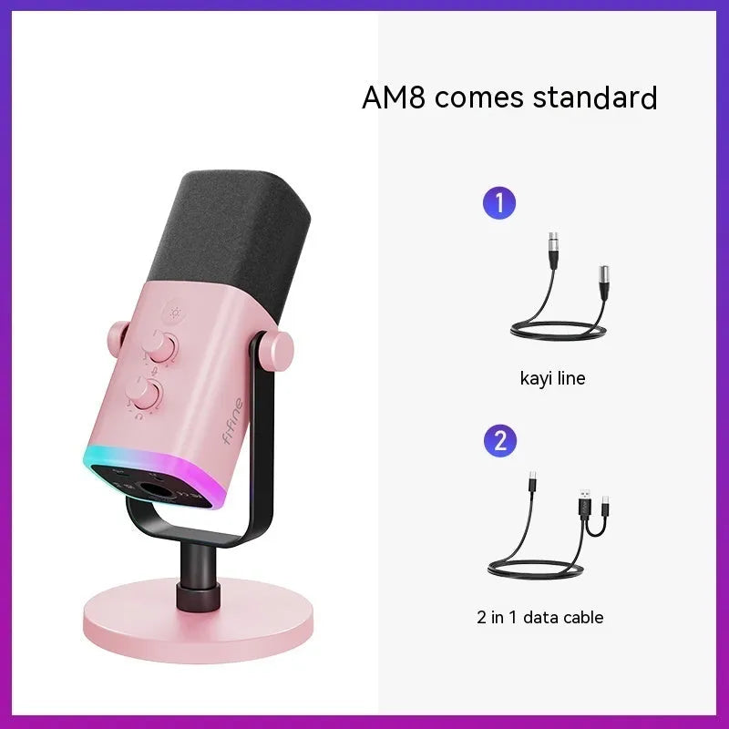 Dynamic noise reduction microphone in black, pink, or white with XLR cable, data cable, and desk base