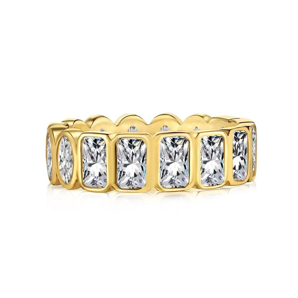 S925 sterling silver geometric stackable ring with full diamond oval and rectangular pattern on white background