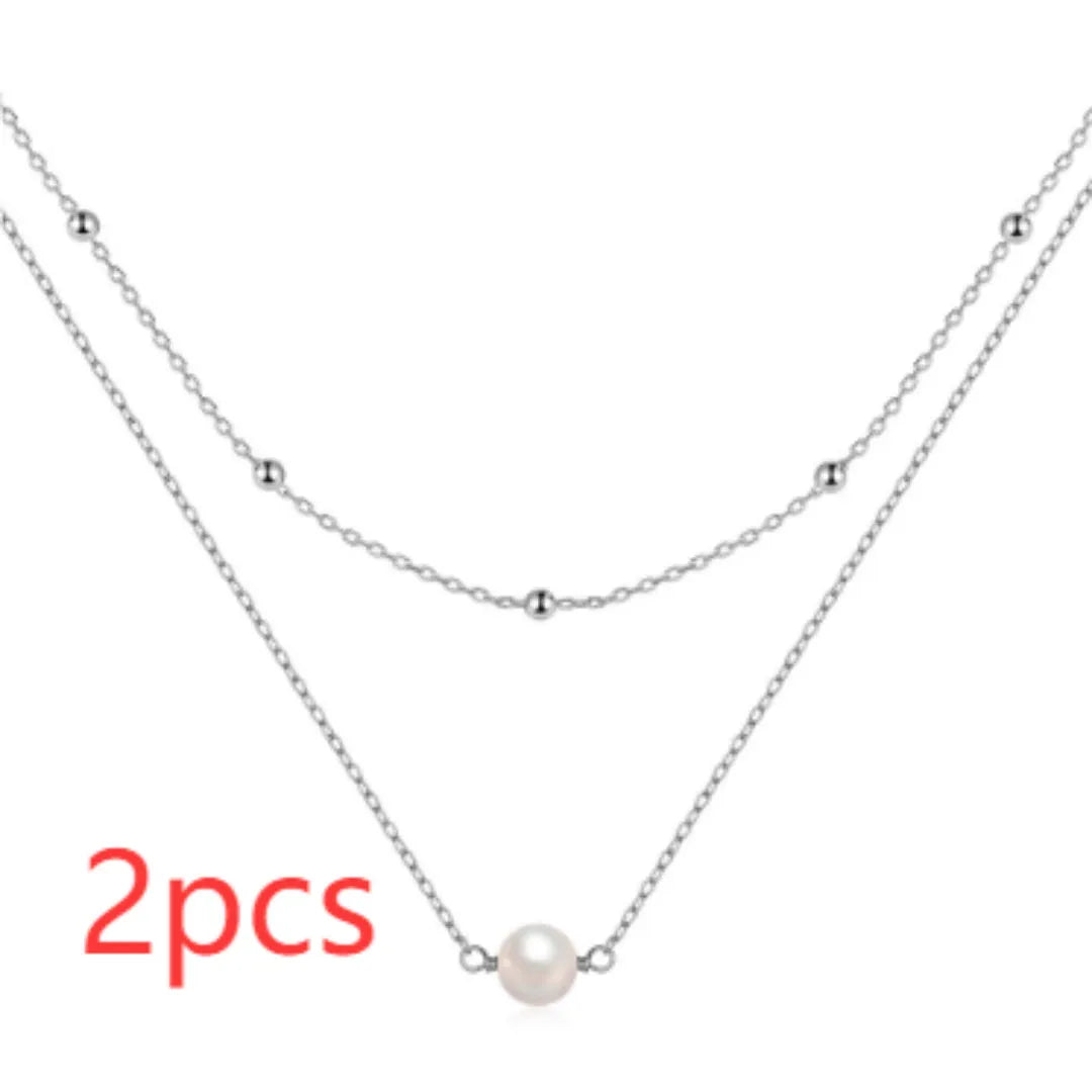 S925 sterling silver double layer necklace with twin geometric pearls in gold or white gold colour options
