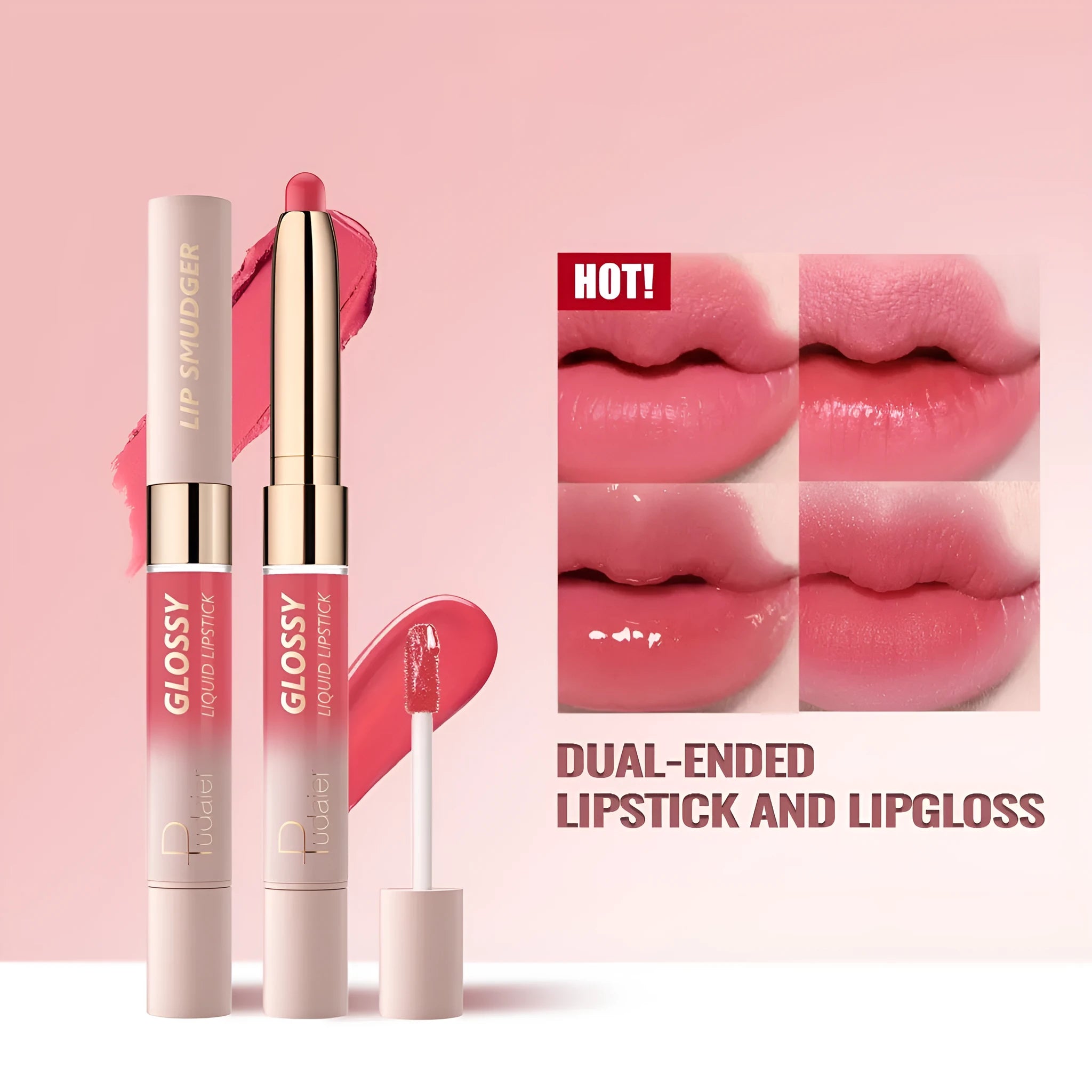 Double-headed lipstick and lip gloss cosmetic product showing matte and glossy ends