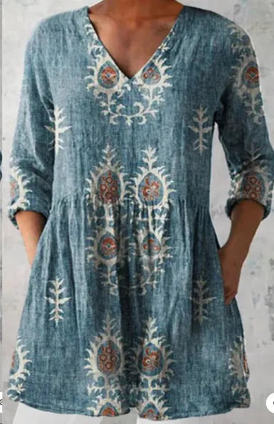 Women's printed loose dress with wave pattern, 3/4 sleeves and elastic waistband