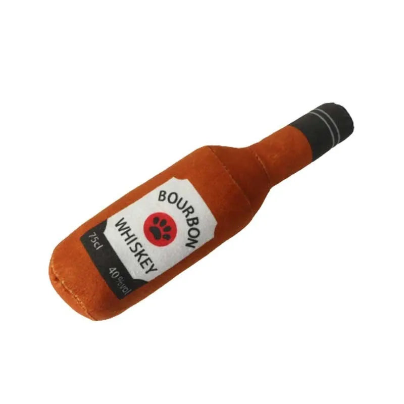 Plush wine bottle pet toy in assorted colours including green, orange, red, black and white.