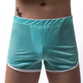 Men's knitted cotton three-point boxer shorts in black, grey, blue, and white colours laid flat.