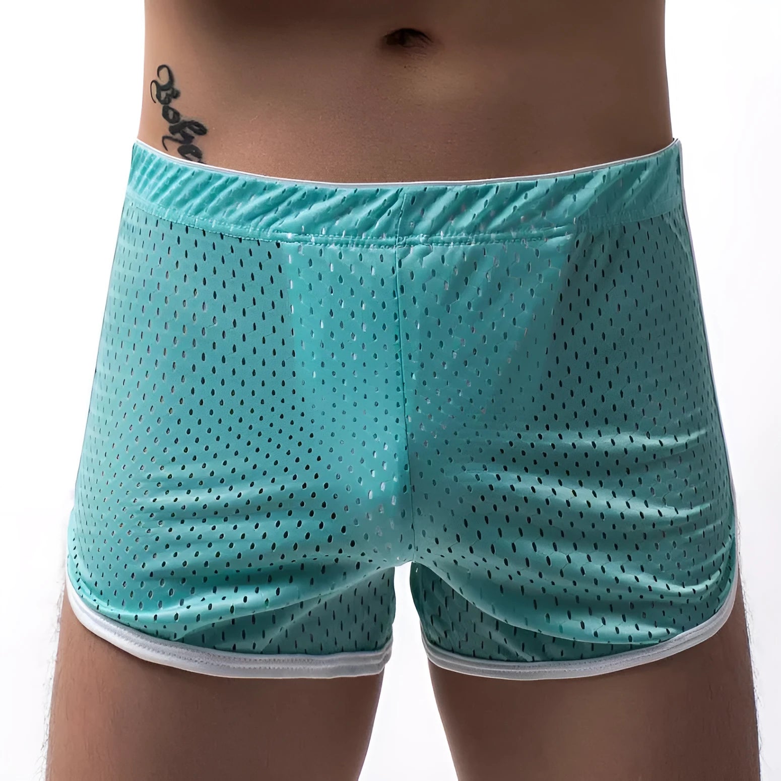 Men's knitted cotton three-point boxer shorts in black, grey, blue, and white colours laid flat.