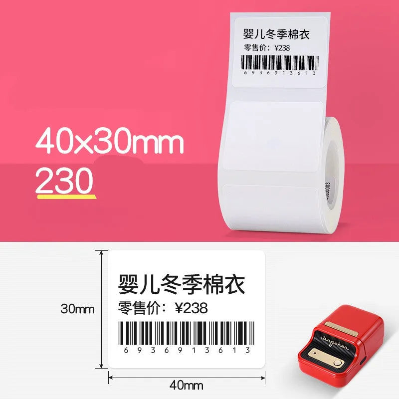 Thermal barcode paper labels with protective film on a roll, multiple size options from 30mm to 80mm, direct thermal printing.