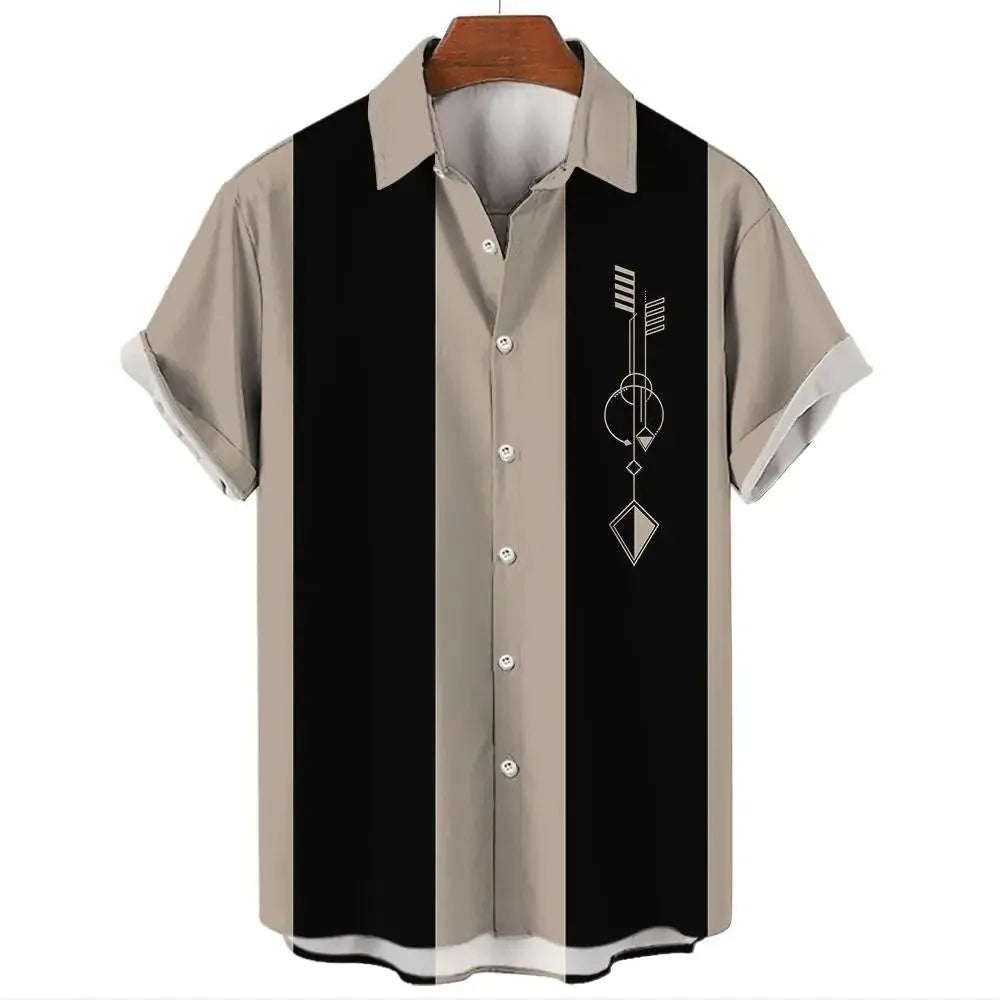 Men's stripe pattern Hawaiian shirt with short sleeves and elastic band construction