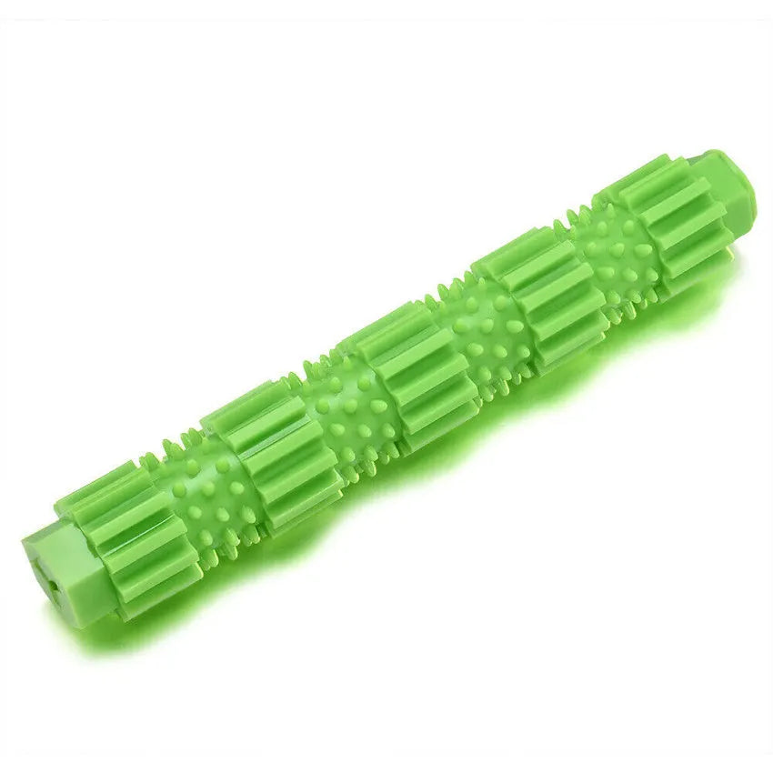 Green and orange durable rubber dog chew toy with squeaker and treat-dispensing hole.