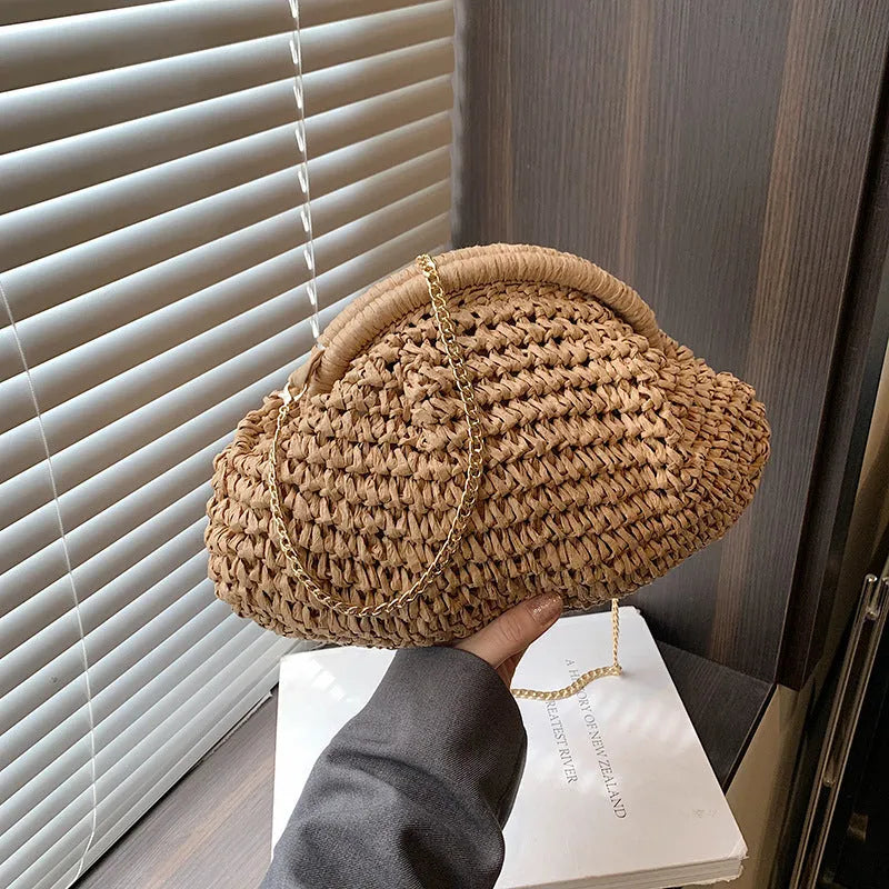 Khaki straw shoulder bag with shell shape design and internal zipper pocket