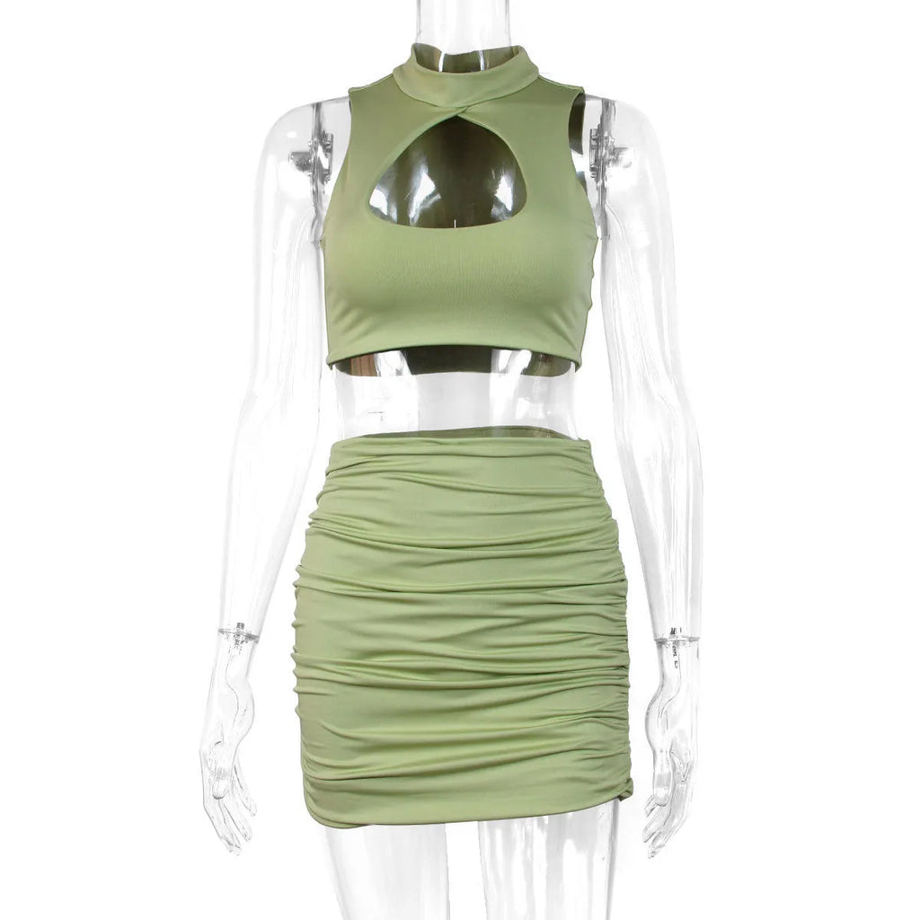 Women's two-piece set with cutout vest and split skirt in light purple elastic polyester