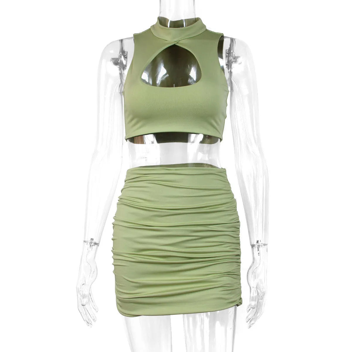 Women's two-piece set with cutout vest and split skirt in light purple elastic polyester