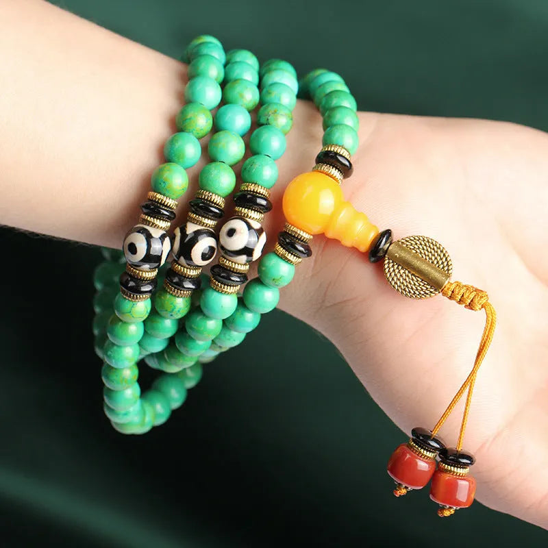 Natural turquoise beaded bracelet with 108 polished 8mm round beads in a national style.