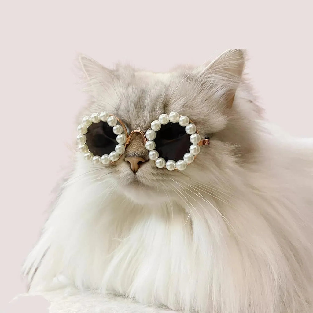 Pearl-rimmed round sunglasses for cats and dogs in multiple colours on a pink background.